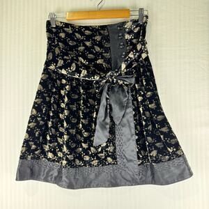 Etcetera Rayon/Silk Blend Black Velvet Wrap Sash Skirt Gold Leaf Print Size 4